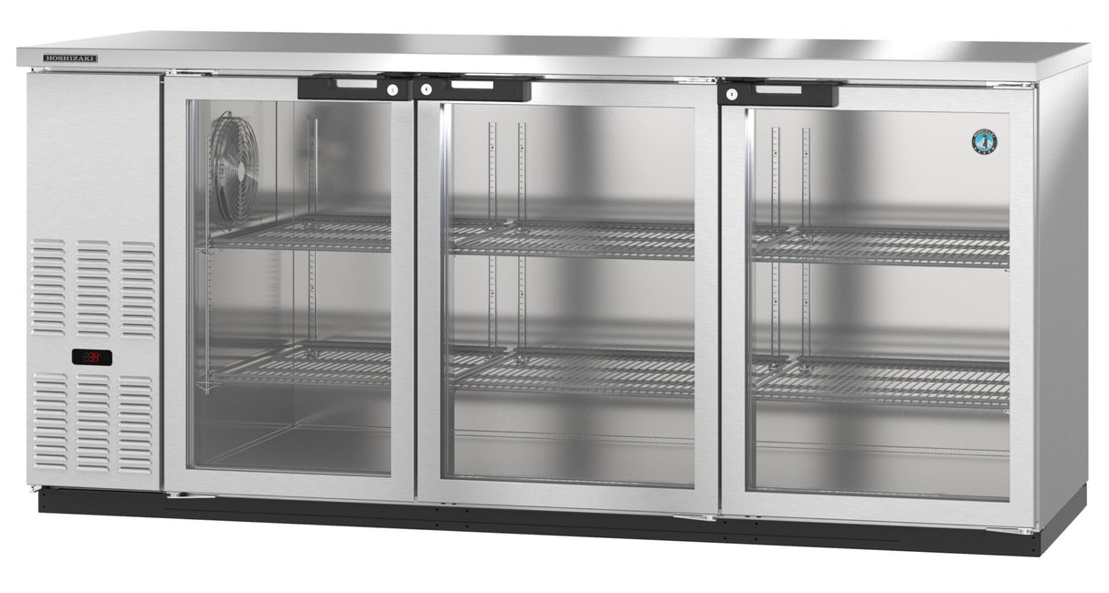 A sleek and modern Hoshizaki glass door cooler featuring three transparent doors and empty wire shelves. Its left-side control panel and vent make this refrigerated back bar cooler ideal for any restaurant or bar setting.