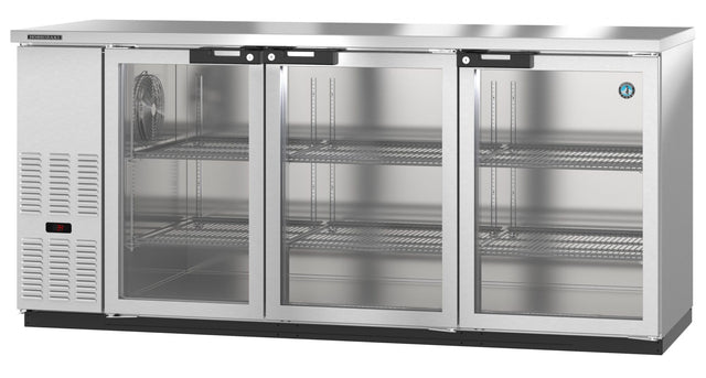 A sleek and modern Hoshizaki glass door cooler featuring three transparent doors and empty wire shelves. Its left-side control panel and vent make this refrigerated back bar cooler ideal for any restaurant or bar setting.