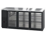 A commercial black and stainless steel Hoshizaki BB80-G undercounter glass door bar cooler with three glass doors, metal shelving, a digital temperature display on the left, and a vented cooling unit on the lower left side. The unit stands on small legs.