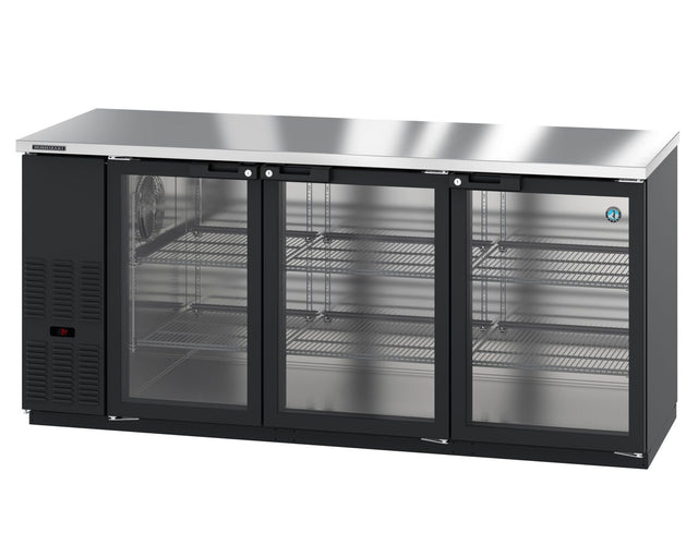 A commercial black and stainless steel Hoshizaki BB80-G undercounter glass door bar cooler with three glass doors, metal shelving, a digital temperature display on the left, and a vented cooling unit on the lower left side. The unit stands on small legs.