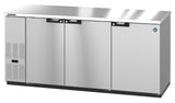A large Hoshizaki BB80-S stainless steel bar cooler with three doors, a control panel on the left, ventilation slots below, and a smooth countertop. The sleek, industrial design is ideal for restaurant or kitchen use.
