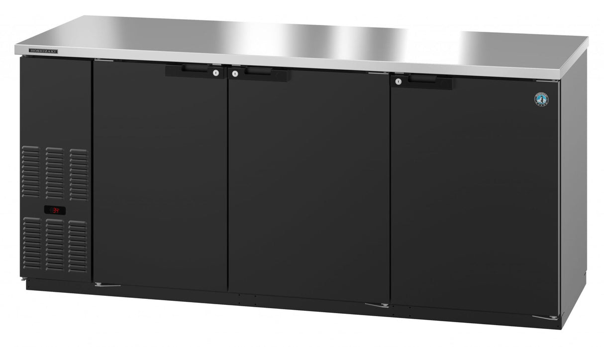 A commercial Hoshizaki BB80 three-section cooler with sleek black design, three solid doors, stainless steel top, digital temperature display, and a lower left ventilation panel. This Refrigerated Back Bar Cooler blends style and efficiency for any modern bar.