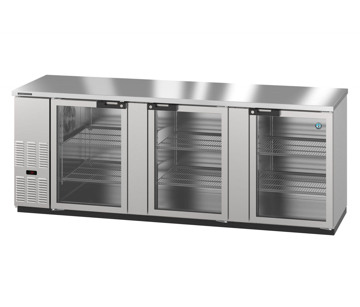 The Hoshizaki BB95-G-S is a stainless steel refrigerated back bar cooler featuring four glass doors with wire shelves, left-side ventilation grilles, and a smooth solid countertop. Black handles line the top edges of each door.