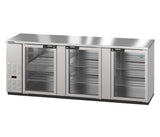 The Hoshizaki BB95-G-S is a stainless steel refrigerated back bar cooler featuring four glass doors with wire shelves, left-side ventilation grilles, and a smooth solid countertop. Black handles line the top edges of each door.
