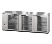 The Hoshizaki BB95-G-S is a stainless steel refrigerated back bar cooler featuring four glass doors with wire shelves, left-side ventilation grilles, and a smooth solid countertop. Black handles line the top edges of each door.