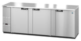A Hoshizaki BB95-S Refrigerated Back Bar Cooler, this large three-section stainless steel under-counter unit features three doors with black handles, a control panel on the left, brand logo on the right door, flat countertop surface, and ventilation grilles bottom left.