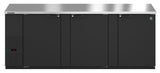 A commercial black Hoshizaki BB95 three-section cooler with a stainless steel countertop. The left section has a vent and small red digital display. Plain doors feature a blue and white manufacturer emblem on the top right door.