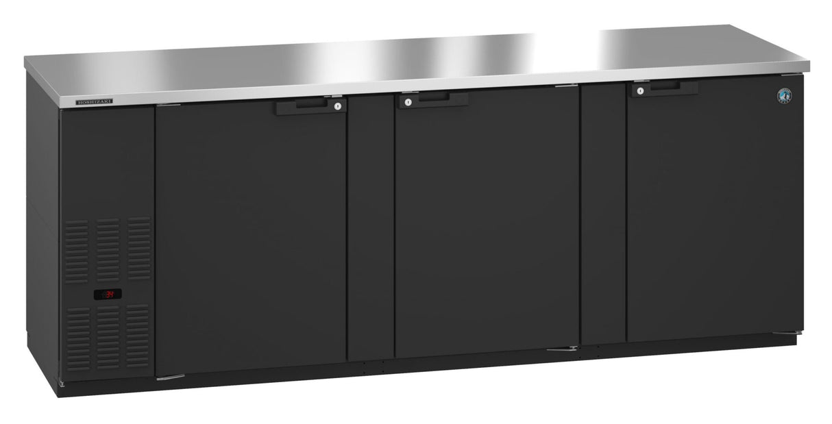 A sleek black Hoshizaki BB95 undercounter refrigerator with four doors, a reflective stainless steel countertop, and a digital display. This three-section cooler is perfect for professional kitchens or as a Refrigerated Back Bar Cooler in bars.