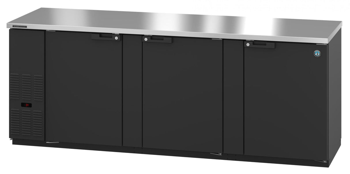 A Hoshizaki BB95 commercial black undercounter Refrigerated Back Bar Cooler with three front doors, a flat stainless steel top, and a digital display. Built for durability, this three-section cooler is perfect for demanding professional kitchens.