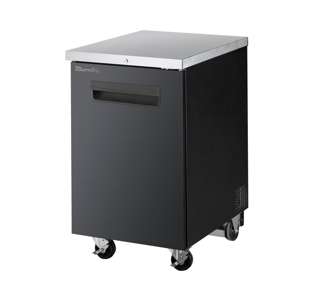 A compact, black, one-section metal cabinet on four caster wheels with a stainless steel top. The front features a recessed handle and small logo near the top. This back bar cooler boasts a clean, modern design for storage or refrigeration.