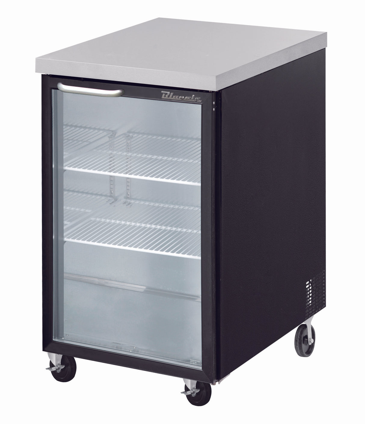 A small, black Back Bar Cooler with a glass door, silver handle, and stainless steel top. It features three wire shelves inside and four caster wheels for easy mobility, all set against a plain white background.