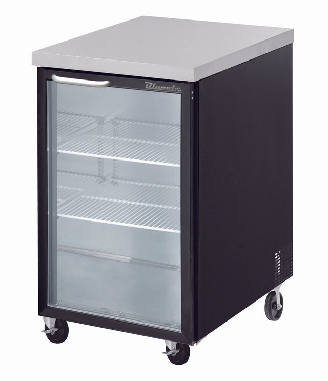 A small, black Back Bar Cooler with a glass door, silver handle, and stainless steel top. It features three wire shelves inside and four caster wheels for easy mobility, all set against a plain white background.