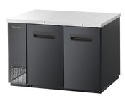 A two-section commercial undercounter black refrigerator with two solid doors, recessed handles, a vented panel on the lower left, and a flat, white countertop surface—ideal as a Back Bar Cooler for kitchens or bars.