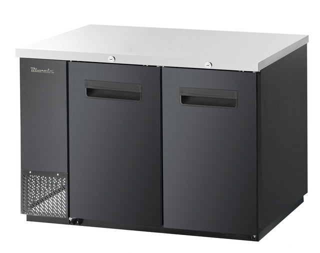 A two-section commercial undercounter black refrigerator with two solid doors, recessed handles, a vented panel on the lower left, and a flat, white countertop surface—ideal as a Back Bar Cooler for kitchens or bars.