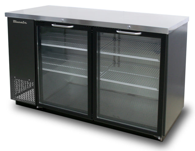 A commercial stainless steel Back Bar Cooler with LED lighting, featuring two clear locking glass doors and metal handles. The empty wire shelves are visible inside. The left side has a vented panel and branding; the right is solid, all on a white background.