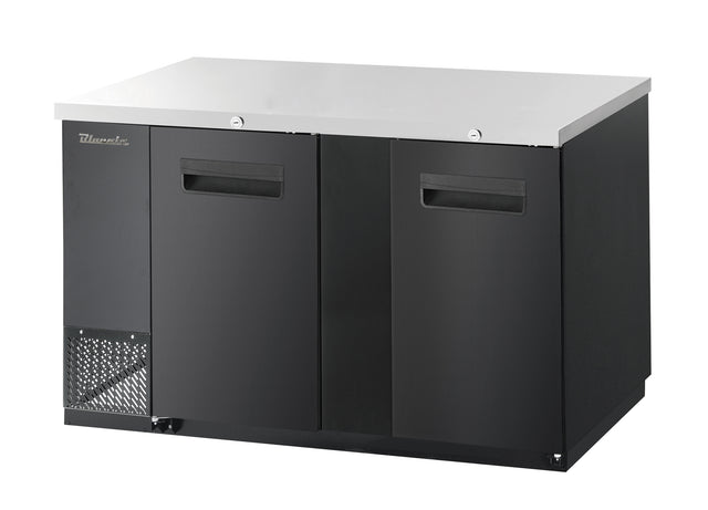 A two-section Back Bar Cooler with two front doors, recessed handles, a vented panel on the lower left, and a flat stainless steel top. This boxy, rectangular appliance is perfect for bar or restaurant use.