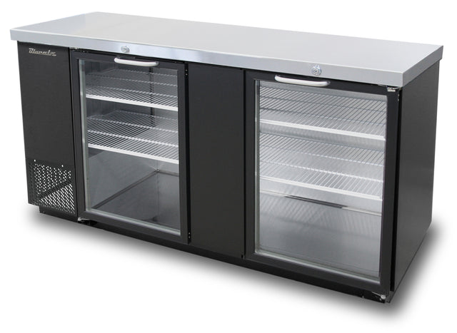 A two-section Back Bar Cooler in stainless steel and black, featuring glass hinged doors, four shelves, and a vented left panel. The well-lit interior is empty, displaying wire racks designed for convenient beverage storage.