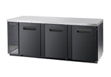 A commercial three-section black metal Back Bar Cooler with side-by-side doors and recessed handles, featuring a stainless steel top and a vented lower left panel for cooling components.