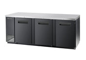 A commercial three-section black metal Back Bar Cooler with side-by-side doors and recessed handles, featuring a stainless steel top and a vented lower left panel for cooling components.