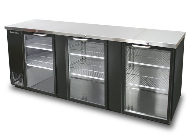 A sleek, modern three-section back bar cooler, featuring stainless steel and black accents. It has three glass hinged doors revealing empty metal wire shelves inside, a flat metallic countertop, and a cooling vent on the left side.