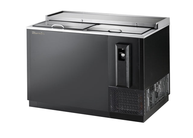 A sleek, industrial 50 inch bottle cooler featuring sliding stainless steel lids, a right-side vented refrigeration unit, and a built-in bottle opener with cap catcher. This commercial unit sits on short legs for easy cleaning underneath.