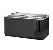 A large, rectangular bottle cooler with a black exterior, sliding stainless steel top lids, and a vented side-mounted refrigeration unit on the lower right. The brand name “Maxx Cold” appears on the upper left front corner.