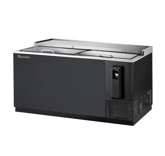 A large, rectangular bottle cooler with a black exterior, sliding stainless steel top lids, and a vented side-mounted refrigeration unit on the lower right. The brand name “Maxx Cold” appears on the upper left front corner.