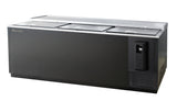 A large black commercial bottle cooler with a stainless steel top, three sliding glass doors, self-contained refrigeration, a built-in bottle opener and cap catcher on the front, plus ventilation grilles on the lower right side for efficient drink storage and display.