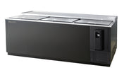 A large black commercial bottle cooler with a stainless steel top, three sliding glass doors, self-contained refrigeration, a built-in bottle opener and cap catcher on the front, plus ventilation grilles on the lower right side for efficient drink storage and display.