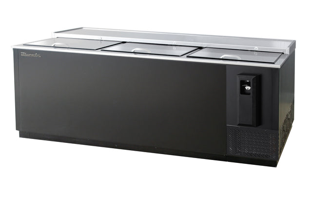 A large black commercial bottle cooler with a stainless steel top, three sliding glass doors, self-contained refrigeration, a built-in bottle opener and cap catcher on the front, plus ventilation grilles on the lower right side for efficient drink storage and display.