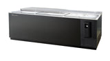 A commercial bottle cooler with 31.3 cu. ft. capacity featuring three sliding glass lids, metal trim, and a side-mounted refrigeration system. Its plain, industrial design sits on a solid black base with a control panel on the right front.