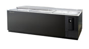 A commercial bottle cooler with 31.3 cu. ft. capacity featuring three sliding glass lids, metal trim, and a side-mounted refrigeration system. Its plain, industrial design sits on a solid black base with a control panel on the right front.