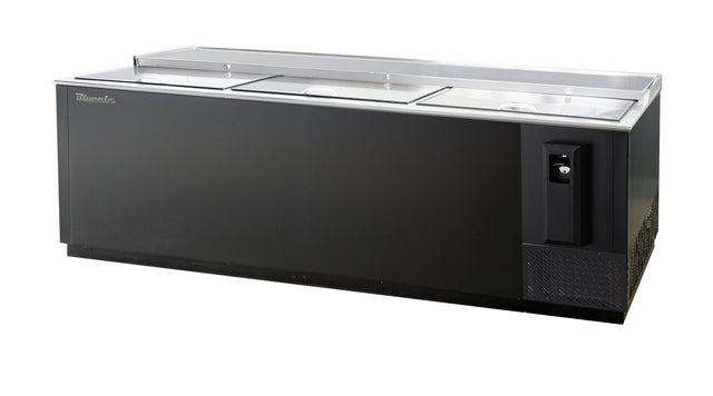 A commercial bottle cooler with 31.3 cu. ft. capacity featuring three sliding glass lids, metal trim, and a side-mounted refrigeration system. Its plain, industrial design sits on a solid black base with a control panel on the right front.