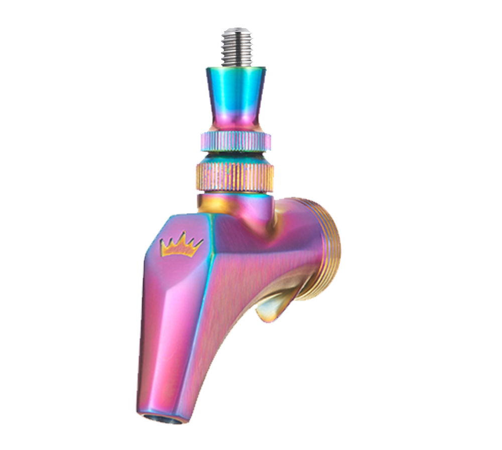 A metallic beer tap handle with a burnt titanium, rainbow iridescent finish, featuring a crown emblem near the base. Designed for a beer faucet, it has a threaded top and textured rings for grip, set against a plain white background.