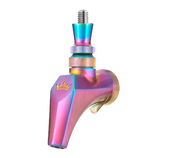 A metallic beer tap handle with a burnt titanium, rainbow iridescent finish, featuring a crown emblem near the base. Designed for a beer faucet, it has a threaded top and textured rings for grip, set against a plain white background.