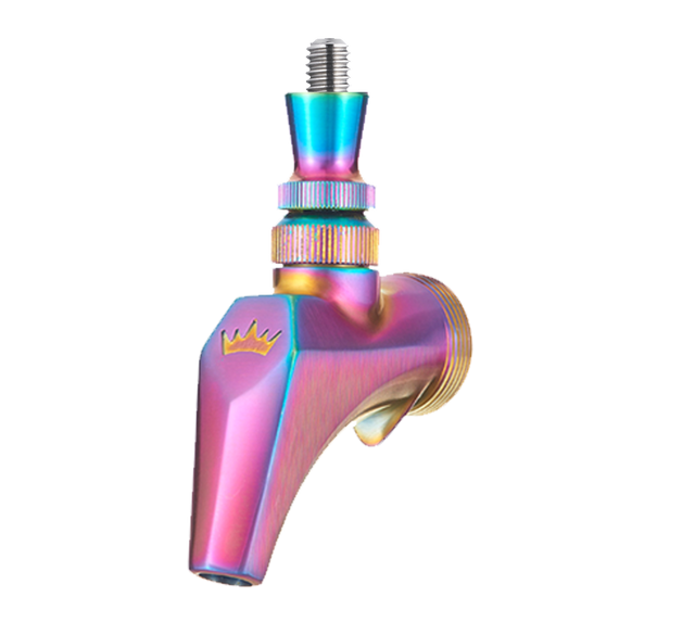 A metallic beer tap handle with a burnt titanium, rainbow iridescent finish, featuring a crown emblem near the base. Designed for a beer faucet, it has a threaded top and textured rings for grip, set against a plain white background.