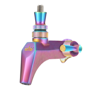 A metallic, burnt titanium rotary tattoo machine with a crown logo and visible adjustment knob. Its iridescent sheen features hues of purple, blue, pink, and gold on the angled metal frame. The background is white.