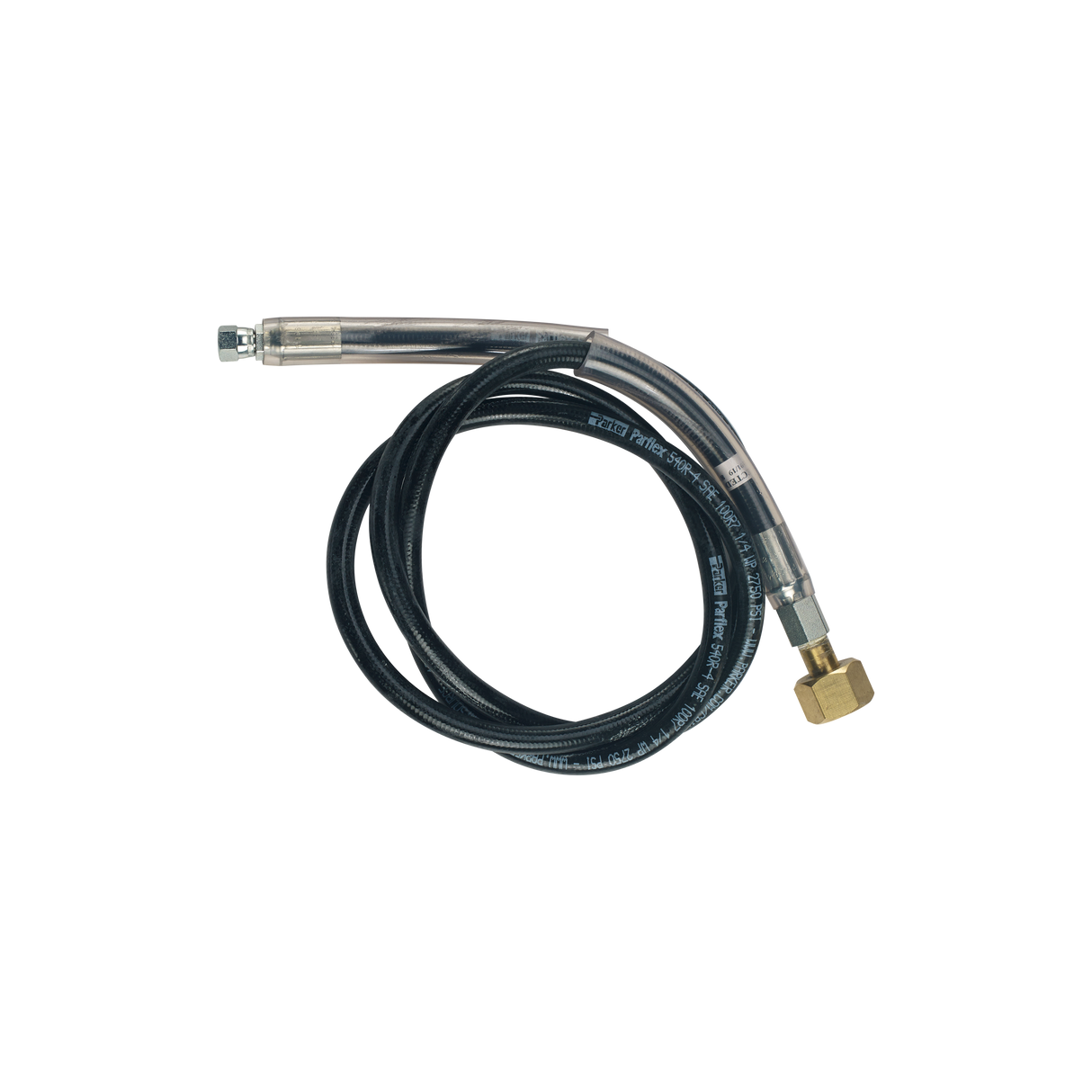 A coiled black braided high pressure hose with metal fittings at both ends: one end has a small CGA 320 silver connector, while the other features a larger, hexagonal brass female flare swivel. The hose is displayed against a plain white background.