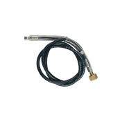 A coiled black braided high pressure hose with metal fittings at both ends: one end has a small CGA 320 silver connector, while the other features a larger, hexagonal brass female flare swivel. The hose is displayed against a plain white background.