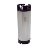 A tall, cylindrical 5 gallon Corny Keg with black plastic at the top and bottom. The top has handles and metal connectors for dispensing beverages. The keg is standing upright against a plain white background.