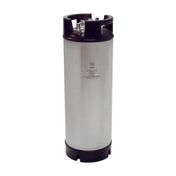 A tall, cylindrical 5 gallon Corny Keg with black plastic at the top and bottom. The top has handles and metal connectors for dispensing beverages. The keg is standing upright against a plain white background.