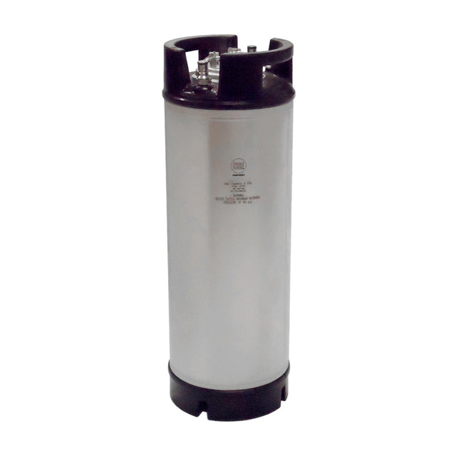 A tall, cylindrical 5 gallon Corny Keg with black plastic at the top and bottom. The top has handles and metal connectors for dispensing beverages. The keg is standing upright against a plain white background.