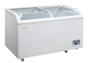 A large, white ice cream merchandiser chest freezer featuring two sliding glass doors on top, rounded edges, and handles. It has a vent near the bottom right and is mounted on four small wheels. The interior is empty and clean.