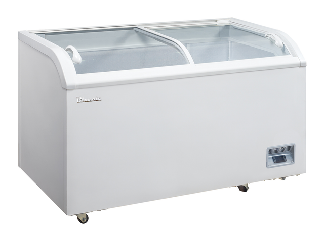 A large, white ice cream merchandiser chest freezer featuring two sliding glass doors on top, rounded edges, and handles. It has a vent near the bottom right and is mounted on four small wheels. The interior is empty and clean.