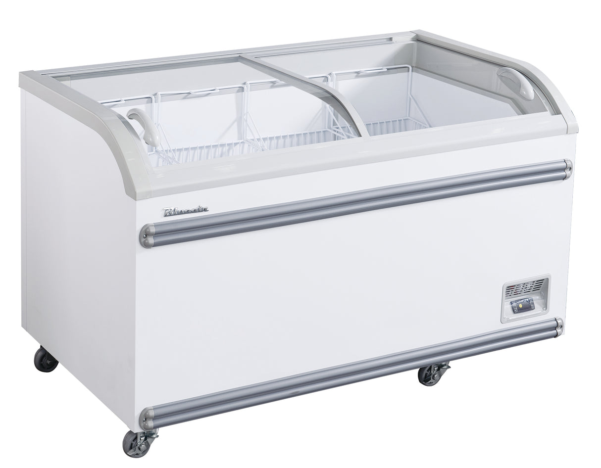 A white chest freezer with sliding glass doors, silver handles, and four caster wheels for mobility. The interior is divided into sections with wire baskets for organizing frozen items, making it an ideal ice cream merchandiser. Control panel on lower right corner.