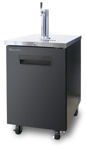 A sleek, modern beer dispenser, this black kegerator features a stainless steel top, tap tower, and single faucet. Standing on four wheels with a recessed handle and lock, it's the perfect keg cooler for dispensing draft beer in style.