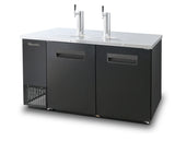 A commercial black and stainless steel keg cooler with two taps on top, dual cabinet doors, and ventilation grates on the left side. This commercial refrigeration unit sits on a flat surface with a clean white background.