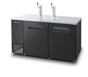 A commercial black and stainless steel keg cooler with two taps on top, dual cabinet doors, and ventilation grates on the left side. This commercial refrigeration unit sits on a flat surface with a clean white background.