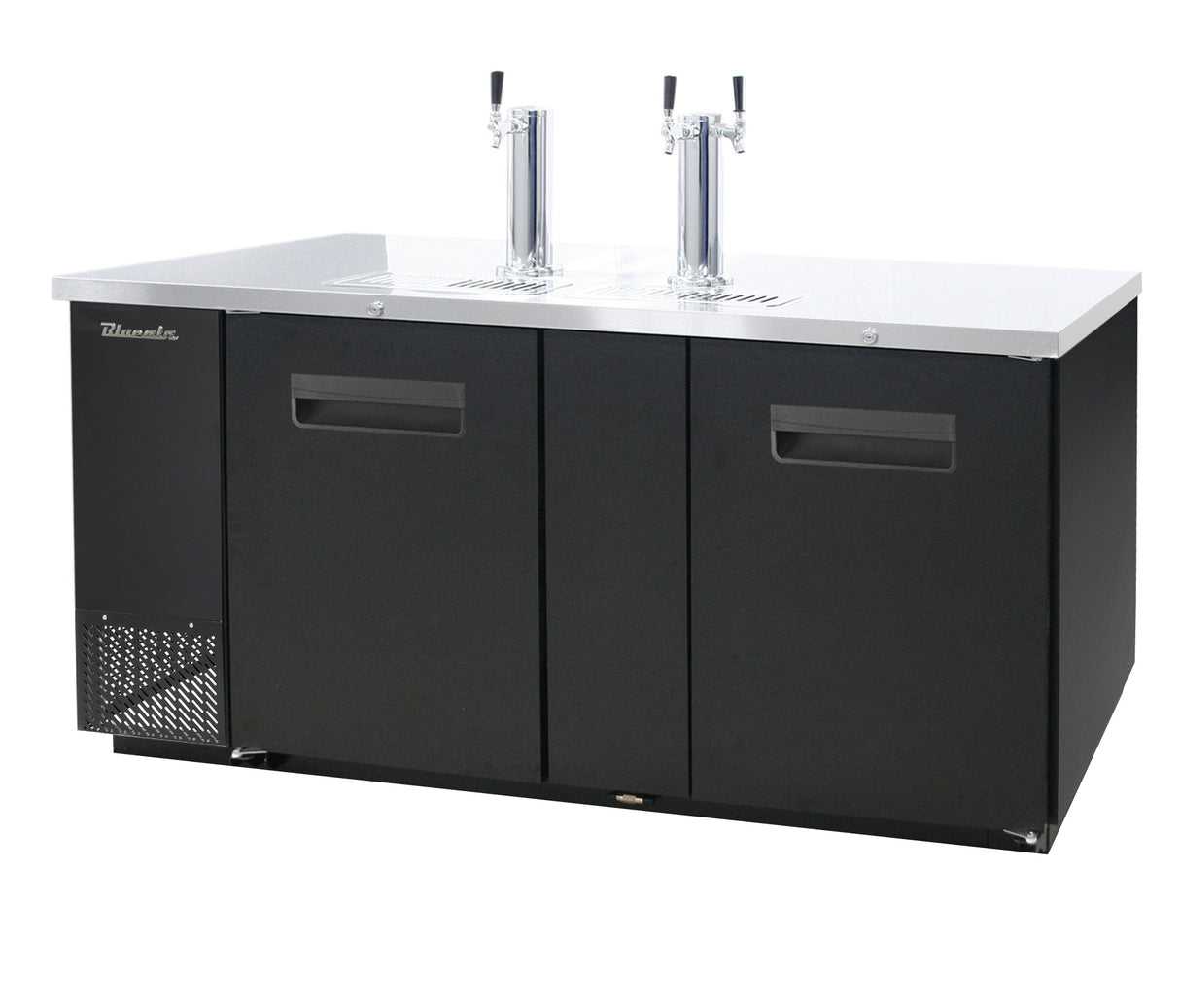 A large, commercial-grade keg cooler and beer dispenser with two shiny chrome tap towers and four taps sits on a white countertop. It features two cabinet doors in front, a vented section on the left, and offers premium commercial refrigeration.