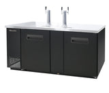 A large, commercial-grade keg cooler and beer dispenser with two shiny chrome tap towers and four taps sits on a white countertop. It features two cabinet doors in front, a vented section on the left, and offers premium commercial refrigeration.